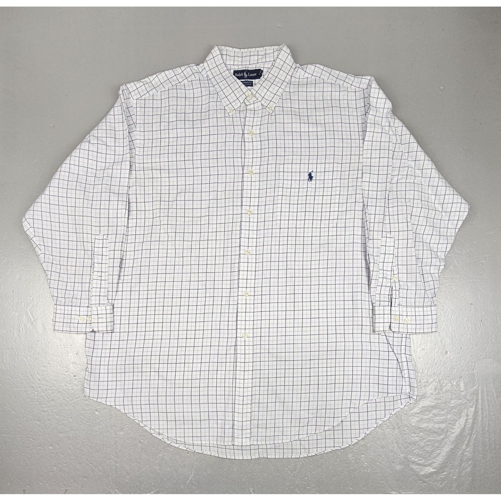 Vintage Polo Ralph Lauren Dress Shirt Mens 17.5 32/33 Plaid White Yarmouth